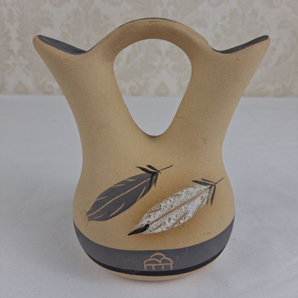 Native American Pottery Wedding Vase Gray and White Signed By Gray Feather Vtg